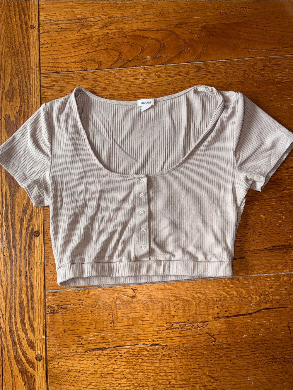 Garage Ribbed Scoop Snap-Front Crop Top in Taupe